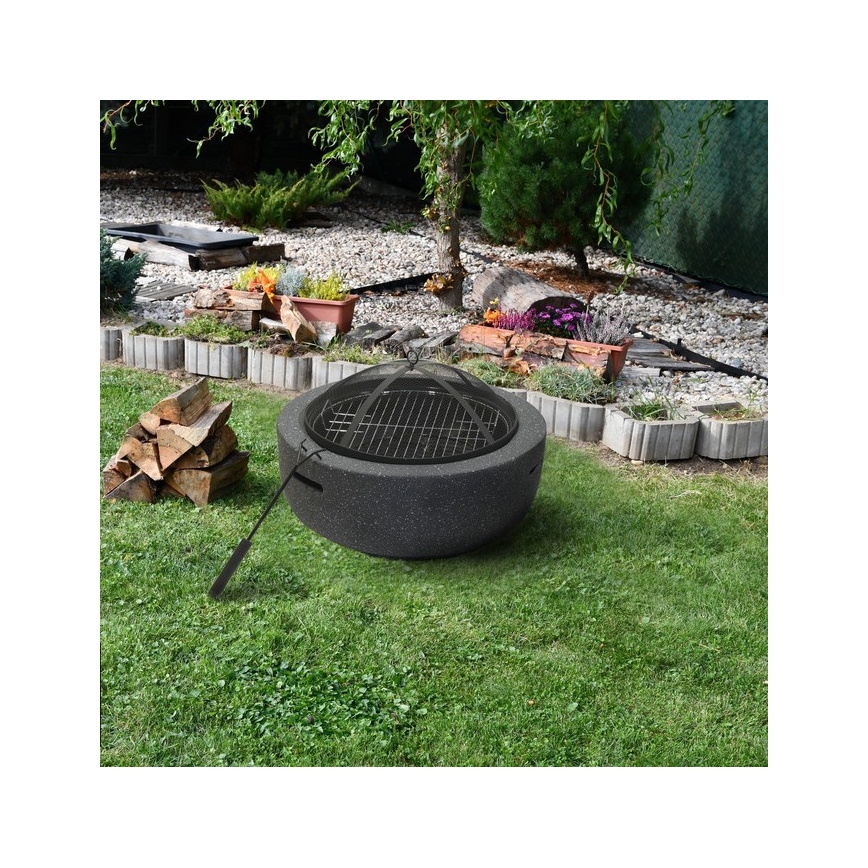 Feu de camp portatif en bois avec grille gris