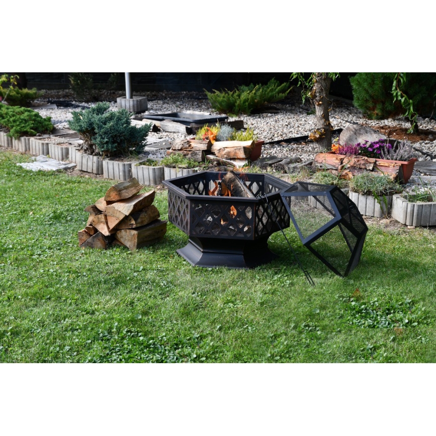 Feu de camp portatif en bois avec grille noir/patina