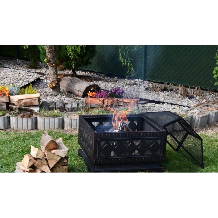 Feu de camp portatif en bois avec grille noir/patina