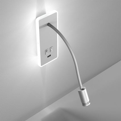 Flexible, kleine LED-Wandleuchte mit USB BASE 1xLED/8W+1xLED/2W/230V weiß