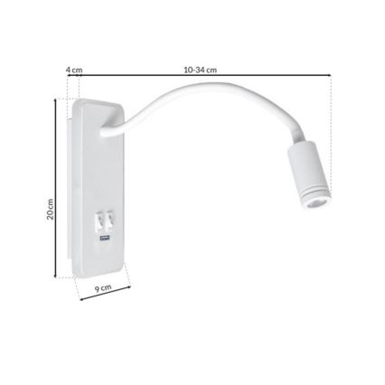 Flexible, kleine LED-Wandleuchte mit USB BASE 1xLED/8W+1xLED/2W/230V weiß