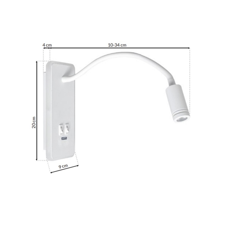 Flexible, kleine LED-Wandleuchte mit USB BASE 1xLED/8W+1xLED/2W/230V weiß