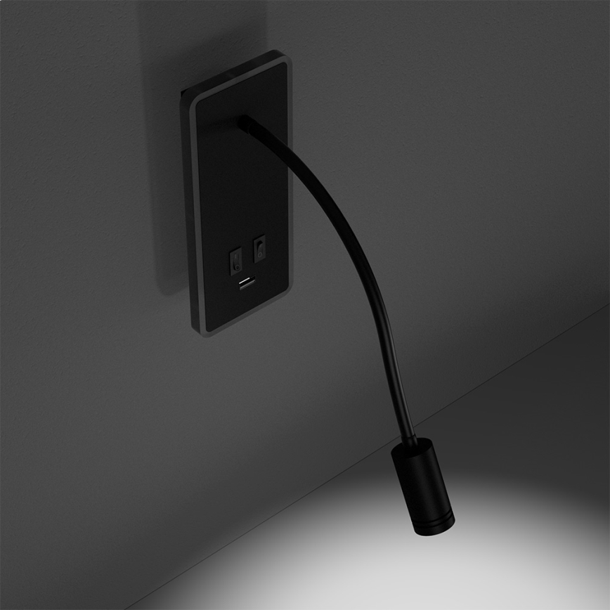 Flexible LED-Wandleuchte mit USB, Modell BASE, LED/8W+LED/2W, 230V, schwarz