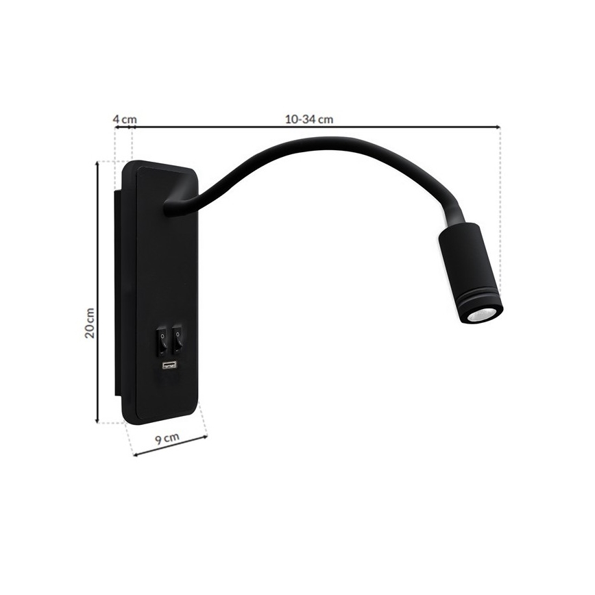 Flexible LED-Wandleuchte mit USB, Modell BASE, LED/8W+LED/2W, 230V, schwarz