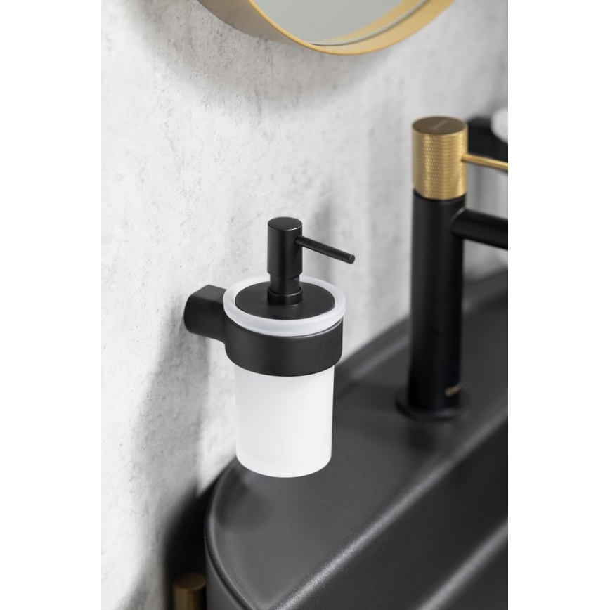 Gedy - Dispenser da parete per sapone PIRENEI, 110 ml, vetro opalino/nero opaco