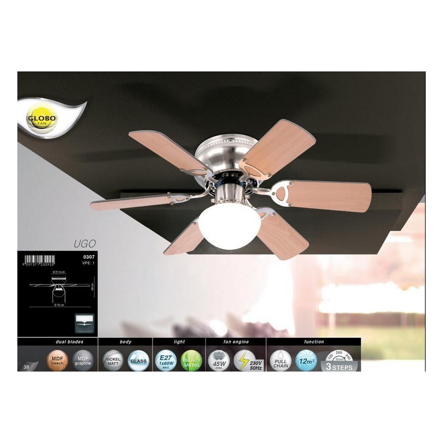 GLOBO 0307 - Ventilatore da soffitto UGO 1xE27/60W/230V