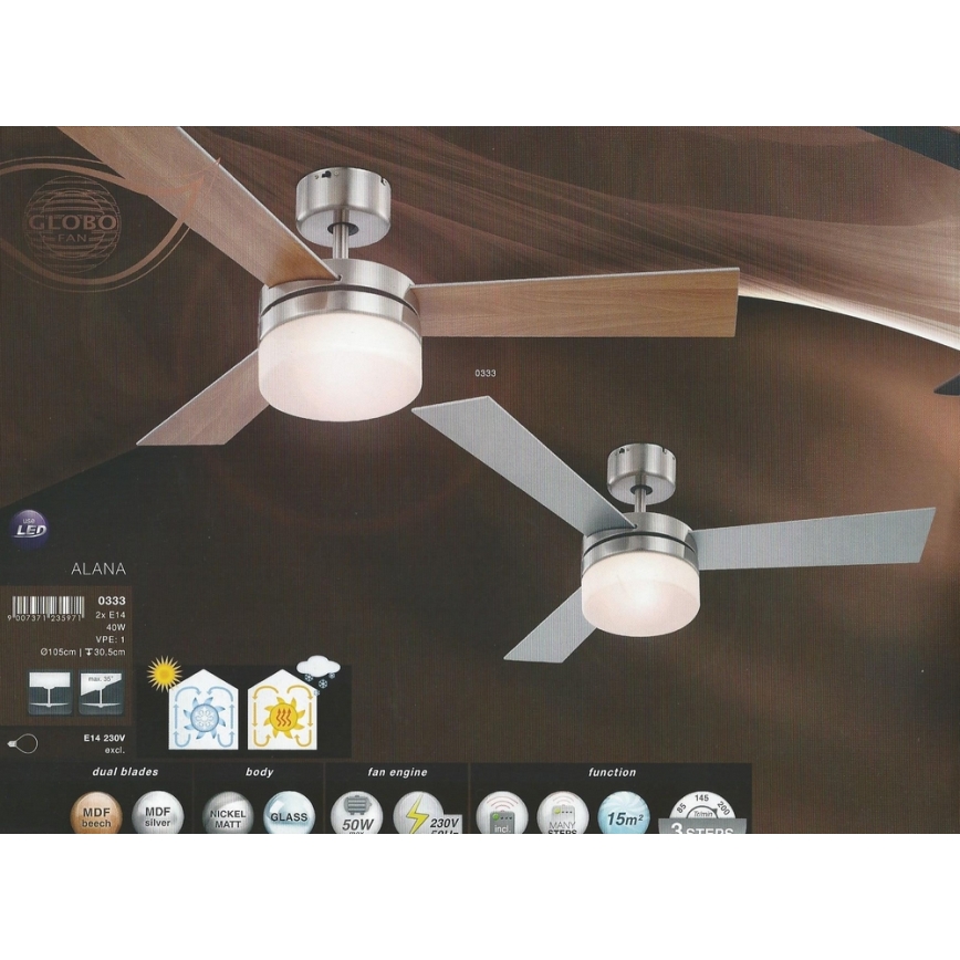 GLOBO 0333 - Ventilatore da soffitto ALANA 2xE14/40W/230V