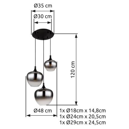 Globo - Lampadario a sospensione con filo 3xE27/40W/230V diametro 48 cm nero