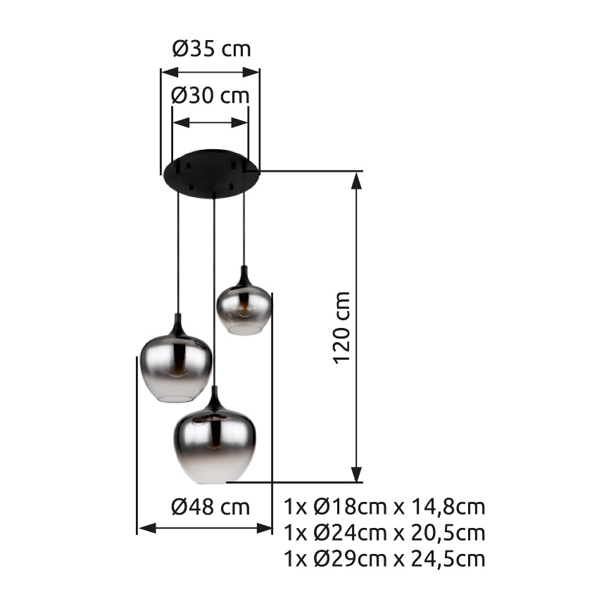 Globo - Lampadario a sospensione con filo 3xE27/40W/230V diametro 48 cm nero