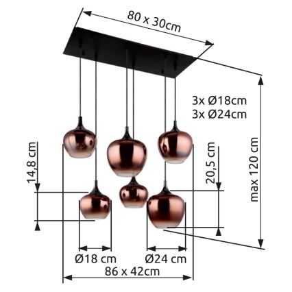 Globo - Suspension filaire 6xE27/40W/230V marron/fumé