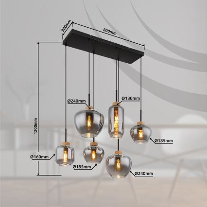 Globo - Hängeleuchte an Kabel, 6xE27/40W/230V, schwarz