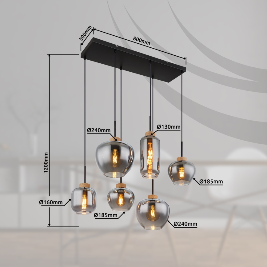 Globo - Hängeleuchte an Kabel, 6xE27/40W/230V, schwarz