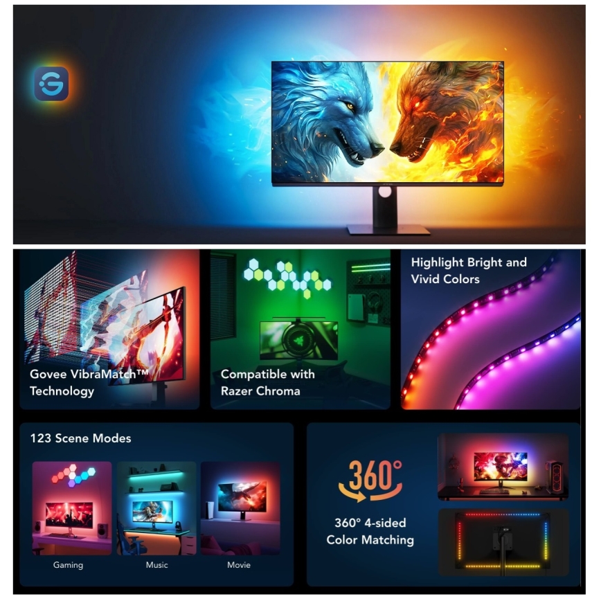 Govee - Dreamview G1 Smart LED RGBIC monitor illuminazione 27-34" Wi-Fi