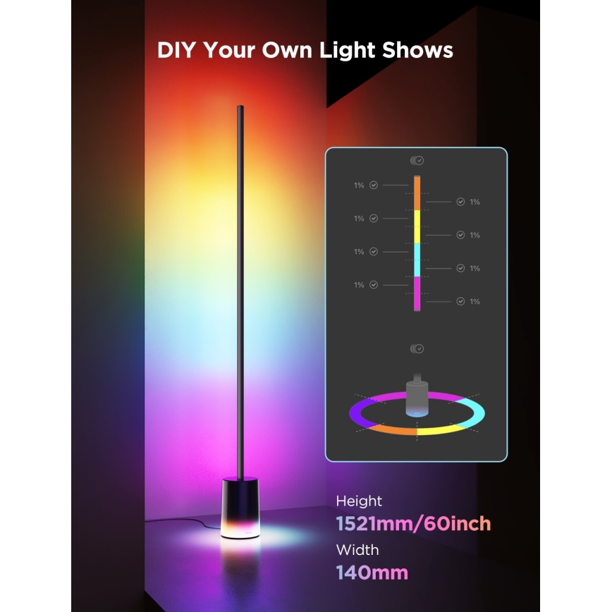 Govee - Lampadaire à intensité variable Smart MATTER LED RGBICWW 2200-6500K Wi-Fi + télécommande