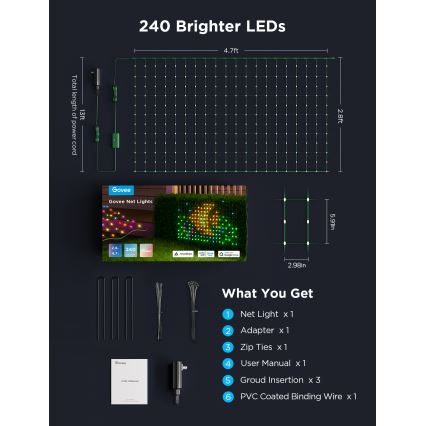 Govee - LED RGBIC Filet d'éclairage extérieur 143x85cm Wi-Fi Matter IP65