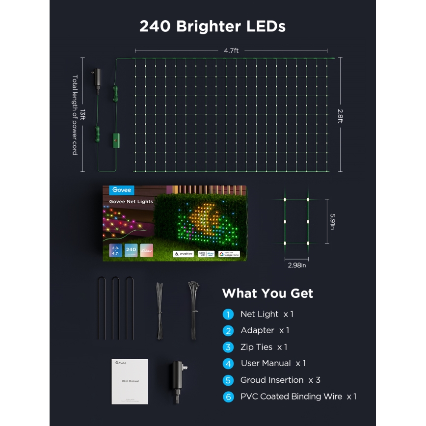 Govee - LED RGBIC Filet d'éclairage extérieur 143x85cm Wi-Fi Matter IP65