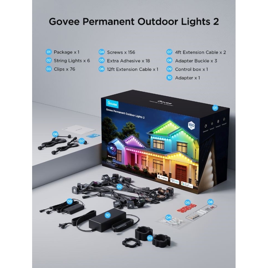 Govee - LED RGBIC Lichterkette mit Downlights 30m Wi-Fi Matter IP67
