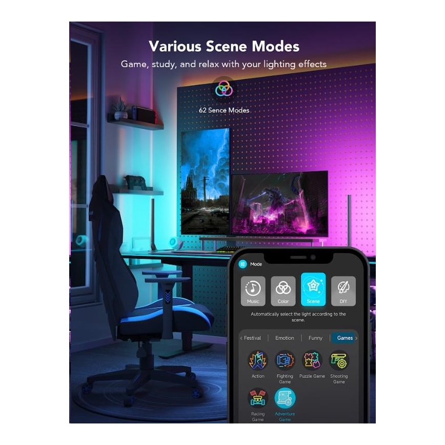 Govee - LOT 2x Smart Gaming Wi-Fi LED RGBIC Panels + Smart Dual + télécommande