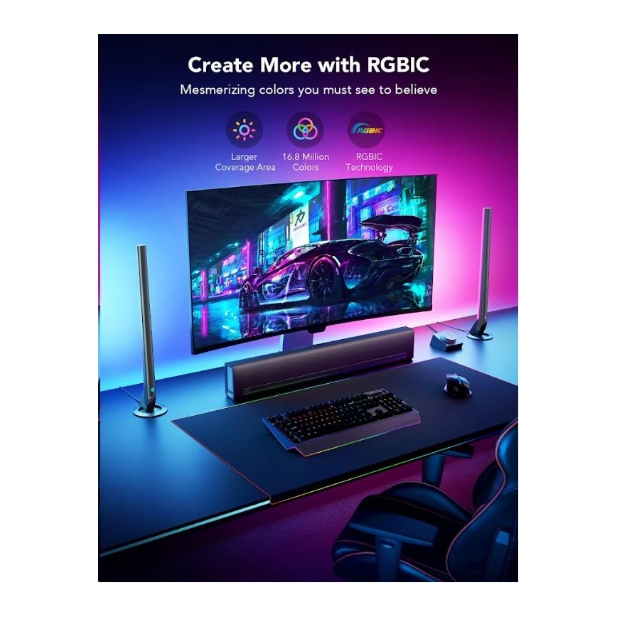 Govee - Lot de 2 panneaux LED RGBIC Smart Gaming Wi-Fi + Smart Dual noir + télécommande