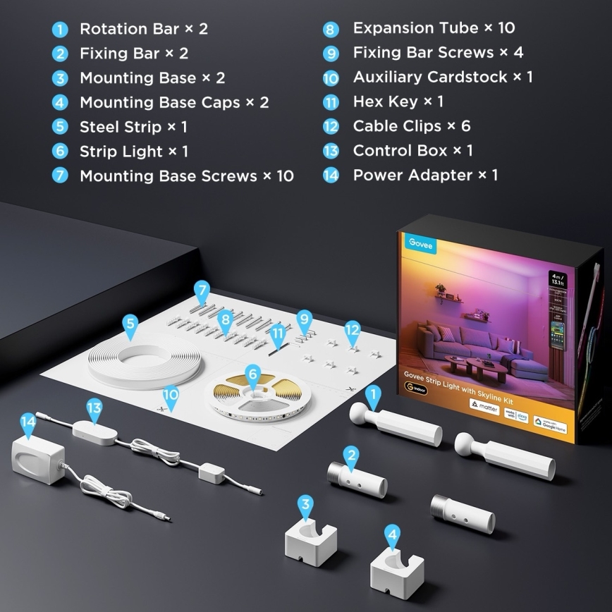 Govee – RGBICWW hängender LED-Streifen, 36 W / 24 V, 4 m, Skyline Matter, WLAN