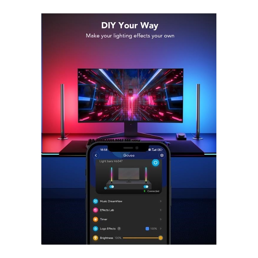 Govee - Set da 2 pannelli Smart Gaming Wi-Fi LED RGBIC + Smart Dual nero + telecomando