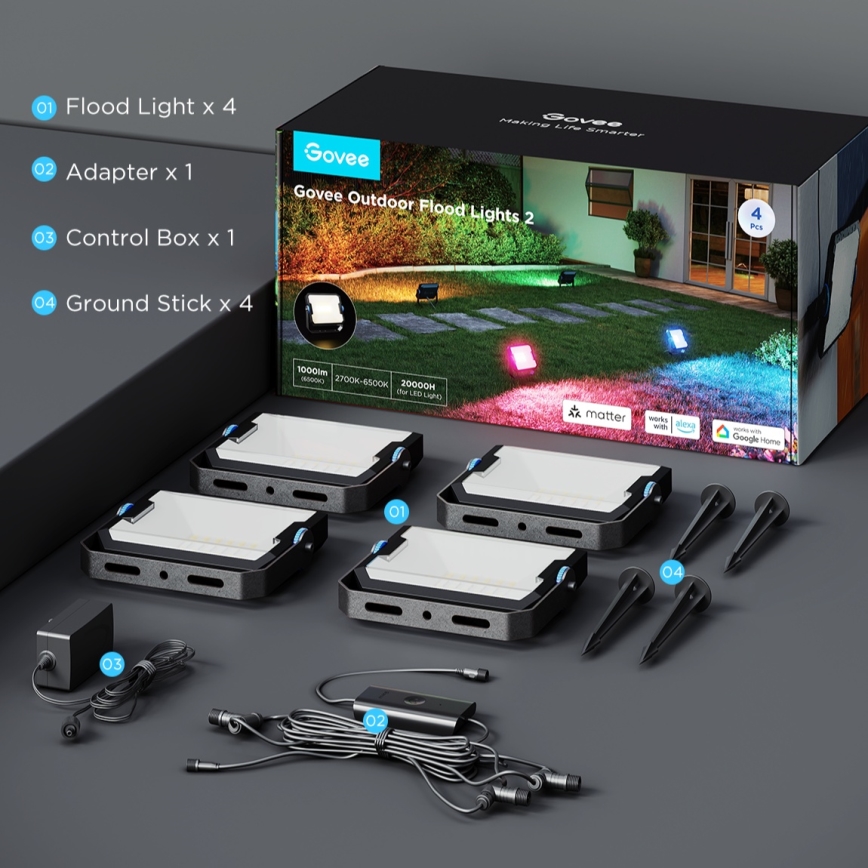 Govee - Set mit 4 dimmbaren LED-Strahlern RGBICWW, 24W/230V, IP66, matt, Wi-Fi