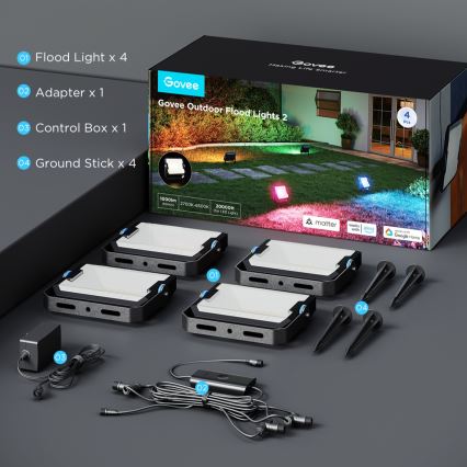 Govee - Set da 4 proiettori LED RGBICWW dimmerabili, 24W, 230V, IP66, Matter, Wi‑Fi