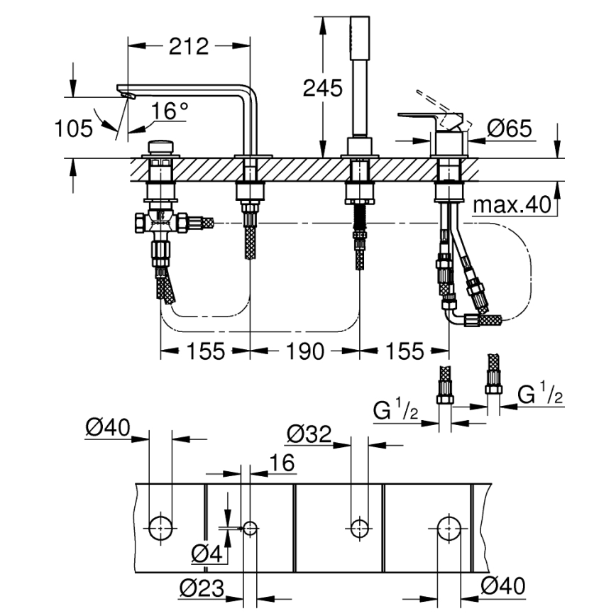 GROHE 19577001 - Ensemble baignoire 4 trous LINEARE chromé brillant