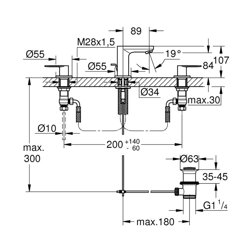 GROHE 20187000 - EUROSMART COSMOPOLITAN DN 15 Miscelatore lavabo a tre fori, cromato