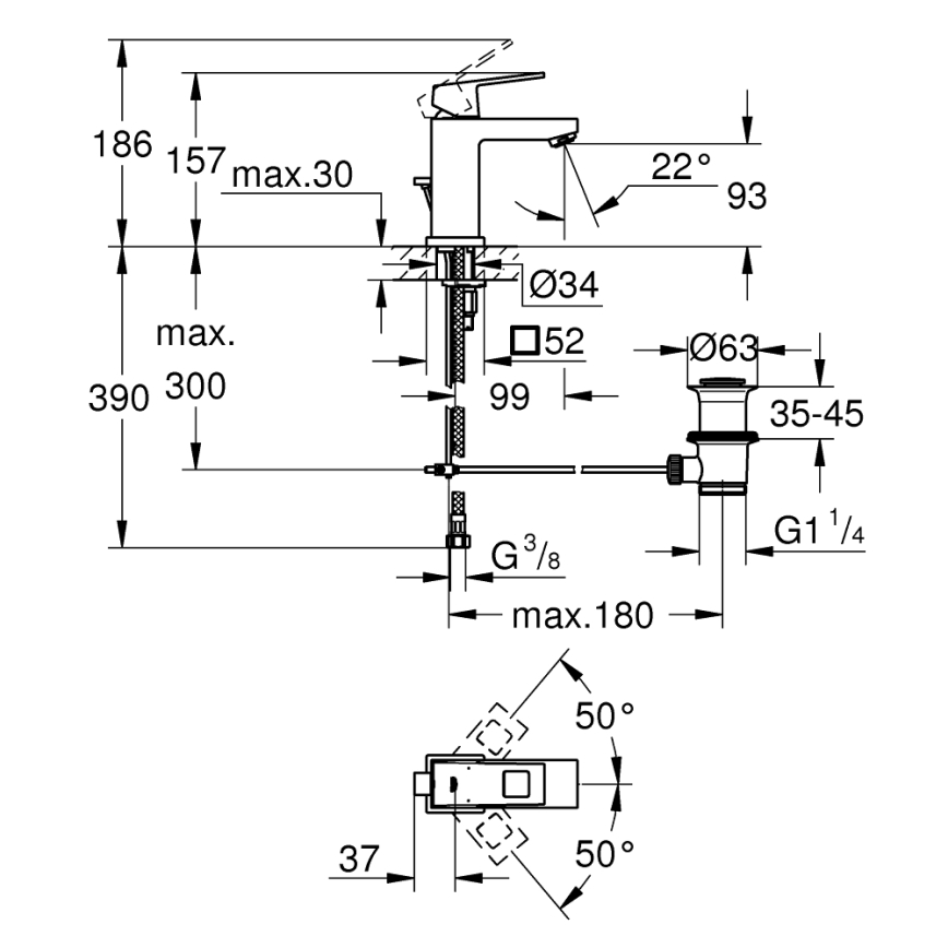 GROHE 2312700E - Mitigeur pour lavabo EUROCUBE taille S, chrome brillant