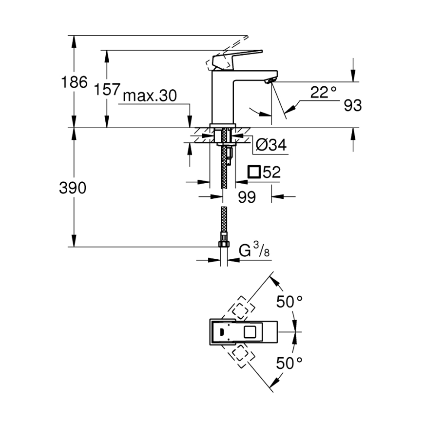 GROHE 2313200E - Mitigeur pour lavabo EUROCUBE Taille S, chrome brillant