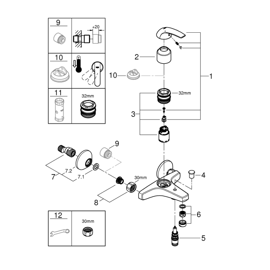 GROHE 23599000 - Mitigeur de baignoire EUROSMART DN 15 chromé brillant