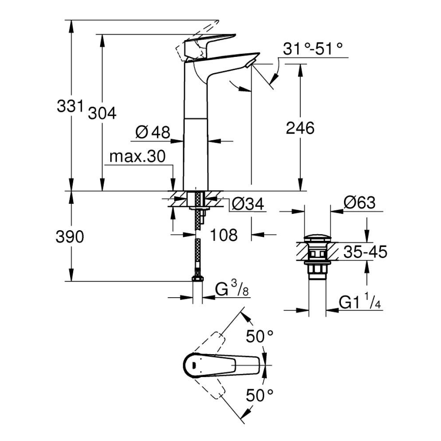 GROHE 23777001 - Waschtischarmatur START EDGE, Größe XL, glänzender Chrom