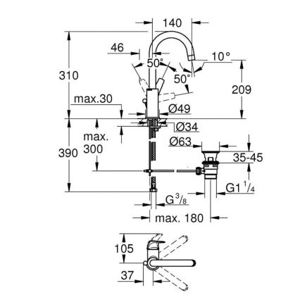 GROHE 23811000 - Waschtischarmatur START FLOW 310 mm, glänzender Chrom