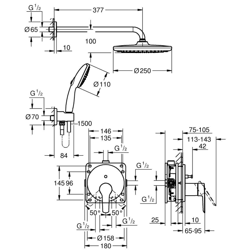 GROHE 25292000 - Sistema doccia da incasso Vitalio Start 250, finitura cromata