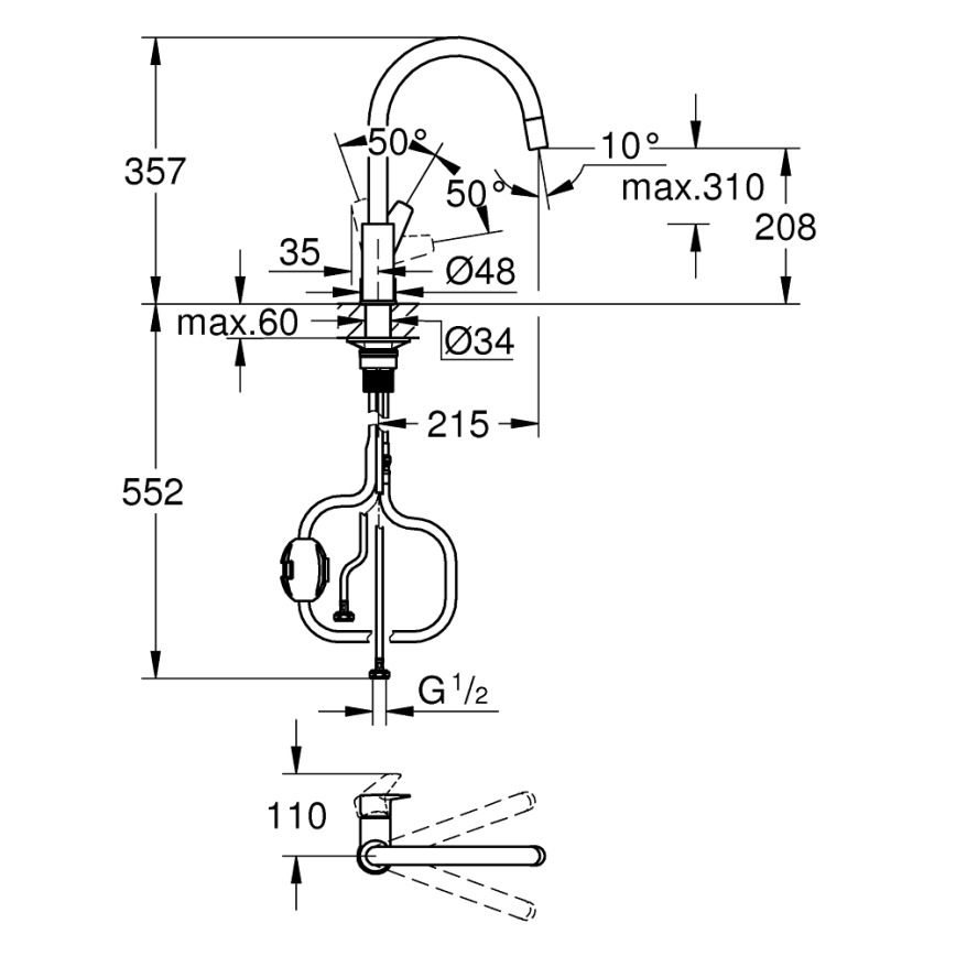 GROHE 30551000 - Mitigeur pour évier START EDGE 357 mm chrome brillant