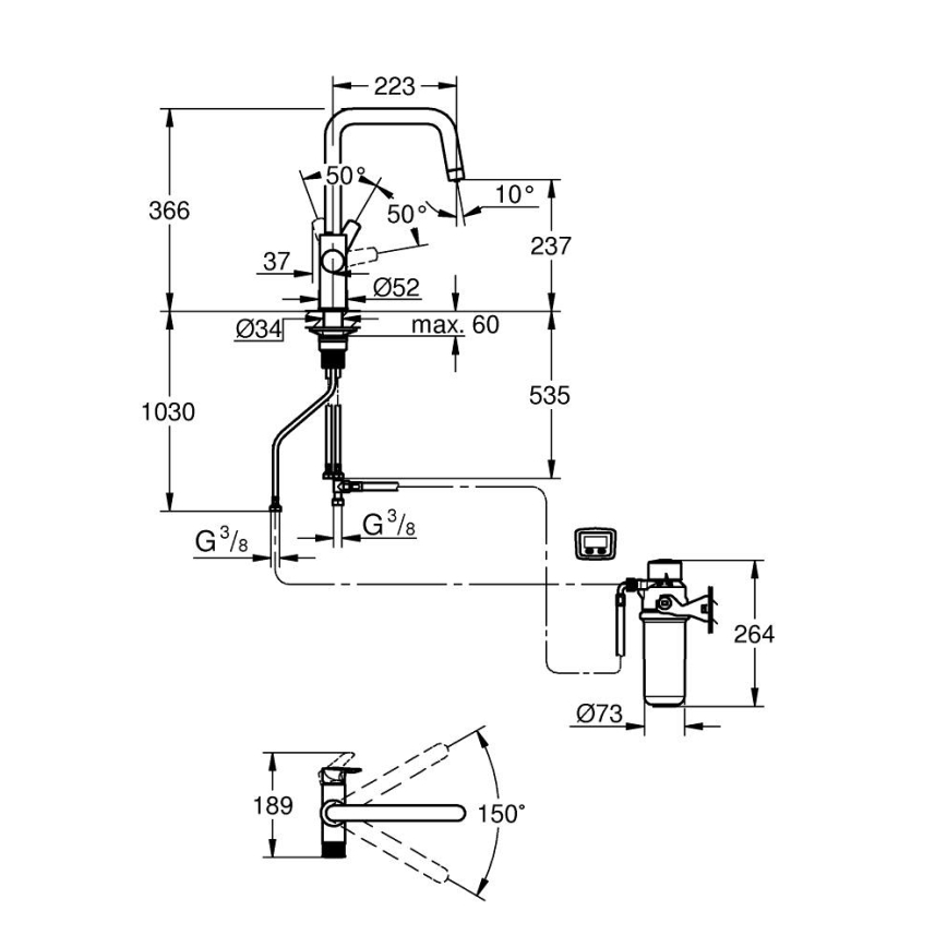 GROHE 30596000 - Mitigeur d'évier BLUE PURE avec fonction de filtration, chrome brillant