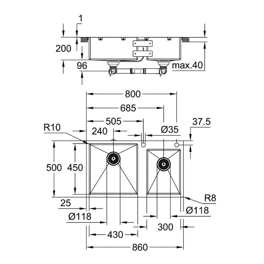 GROHE 31855SD0 - Évier de cuisine K700 860 × 500 mm en acier inoxydable