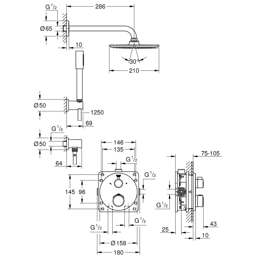 GROHE 34732000 - Ensemble de douche GROHTHERM RAINSHOWER COSMOPOLITAN 210 286 mm chromé