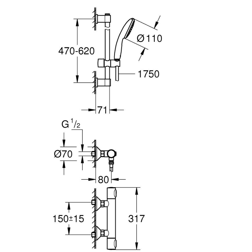 GROHE 34800001 - Set doccia con miscelatore termostatico PRECISION FLOW 600 mm, finitura cromo lucido