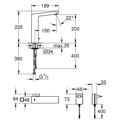 GROHE 36440000 - Mitigeur électronique pour lavabo à capteur infrarouge EUROCUBE E DN 15 chromé