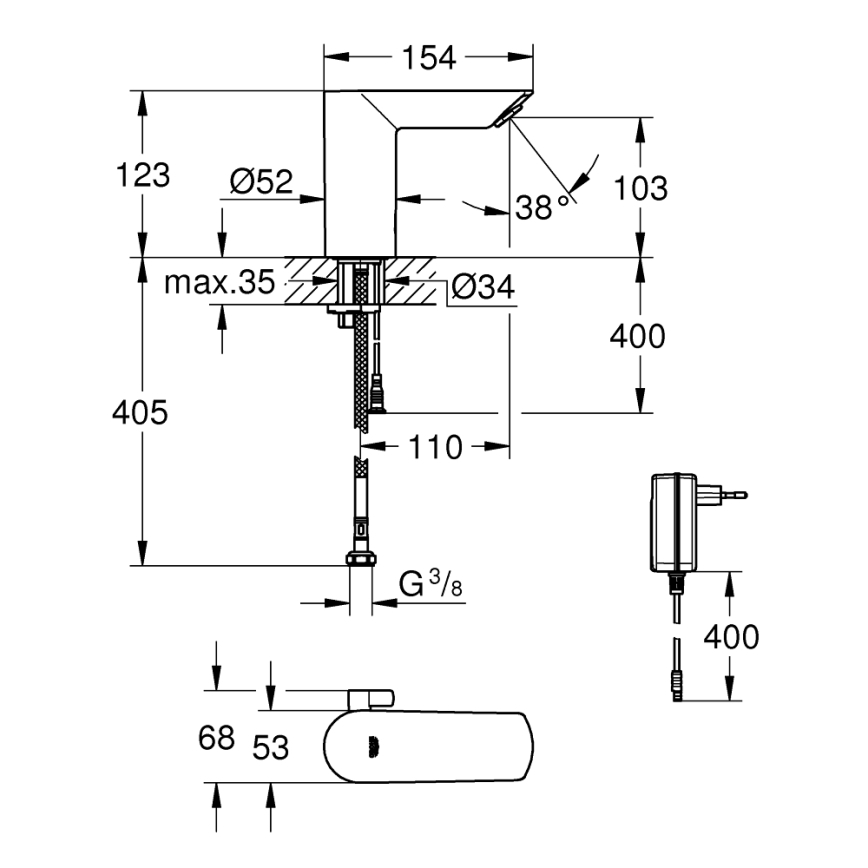 GROHE 36453000 - Robinet électronique pour lavabo à capteur infrarouge BAU COSMOPOLITAN E 123 mm chrome
