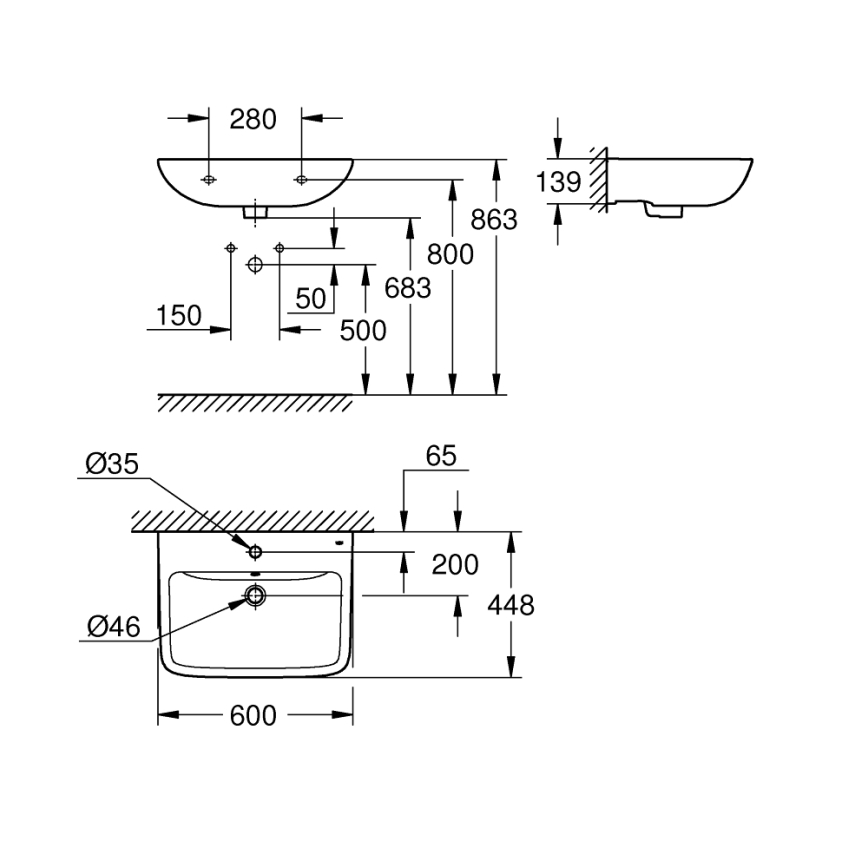 GROHE 39950000 - Waschbecken START EDGE 600 × 448 mm Keramik/weiß
