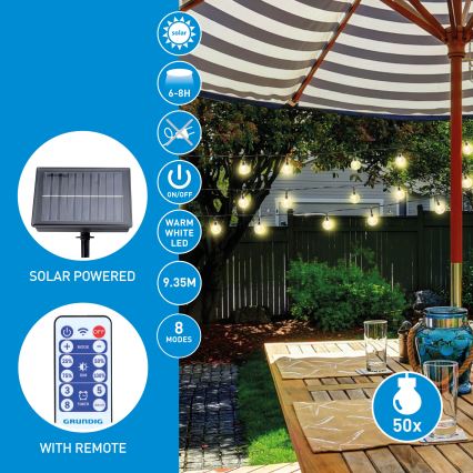 Grundig - LED-dimmbar Solarlichterkette 50xLED/8 Funktionen 9,35m warmweiß 1200 mAh IP44 + Fernbedienung