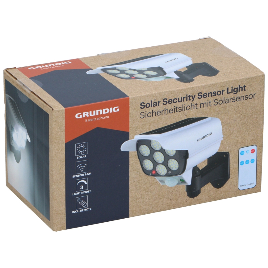 Grundig - Finta telecamera di sicurezza solare a LED con sensore LED, 1,2 V 800 mAh + telecomando