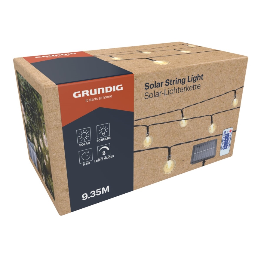 Grundig - LED Dimmerabile solare catena 50xLED/8 funzioni 9,35m IP44 bianco caldo + telecomando