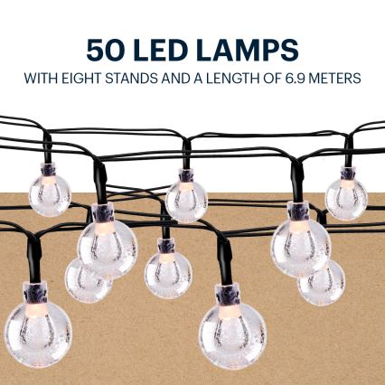 Grundig - LED Solar-Lichterkette 50xLED/8 Funktionen 6,9 m warmweiß 600 mAh