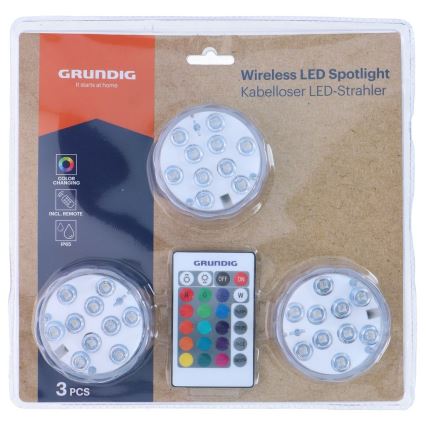 Grundig - ENSEMBLE de 3 luminaires LED RGBW dimmables LED/3W/3xAAA IP65 + télécommande