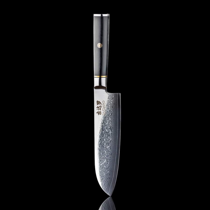 Gudaro - Coltello da cucina Santoku damascato AKIRO 7, 67 strati d'acciaio, lunghezza 17,5 cm, nero