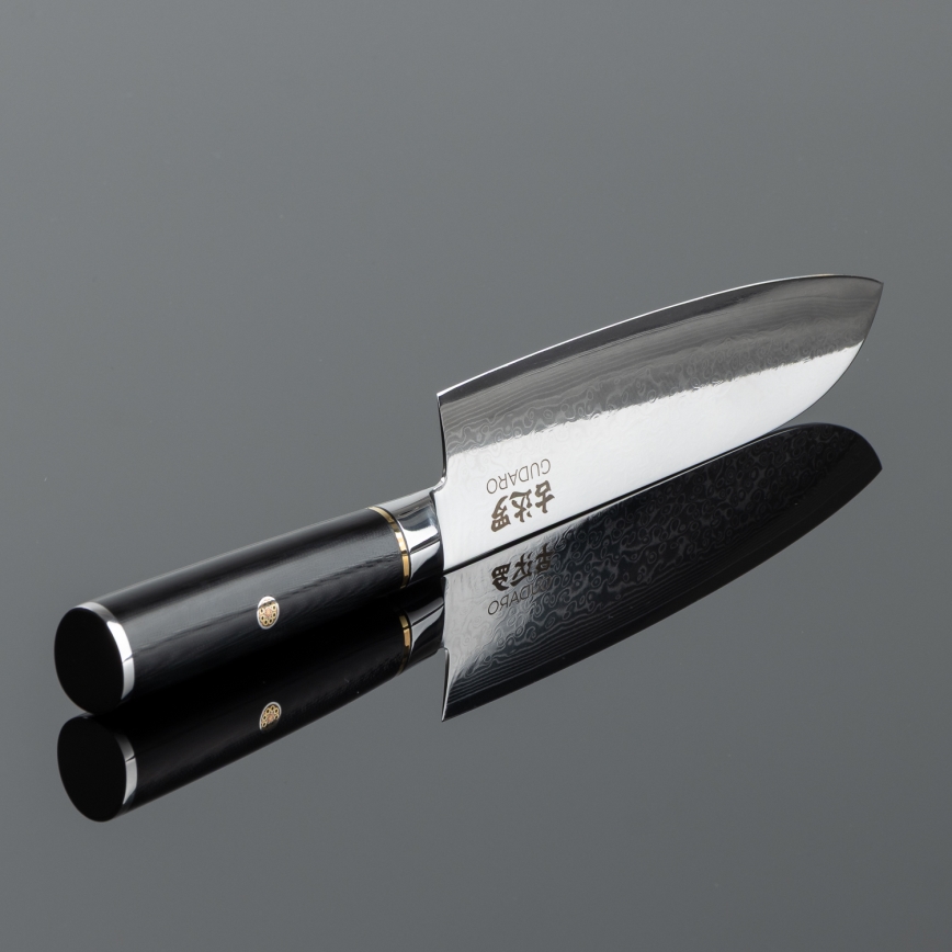 Gudaro - Coltello da cucina Santoku damascato AKIRO 7, 67 strati d'acciaio, lunghezza 17,5 cm, nero